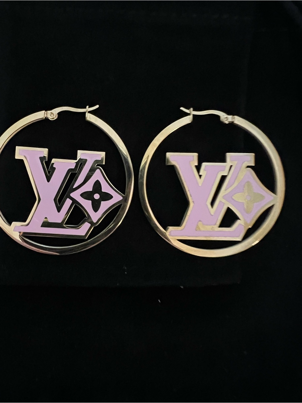 Louis Vuitton Gold Hoop Earrings with Pink LV Logo